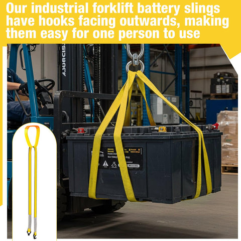 Industrial Forklift Battery Lifting Sling 2 Inch by 5 Ft Beefy Heavy Duty Carrier Strap With Hook lifting battery in warehouse