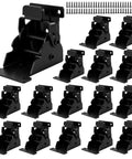 Heavy Duty 16 Pack Cold Rolled Steel Brackets, 90 Degree Self Locking Hinges With Screws, showing 16 black brackets and screws.