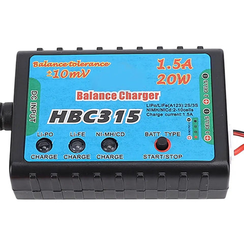 Portable 20W RC Battery Balance Charger With Built In Safety Guards, top view displaying charge options and input details.