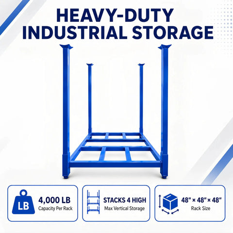 Built Like A Tank Portable Stack Racks 4000 Lb Capacity Each 8 Pack Set, blue industrial rack, 48x48x48 inches, heavy-duty storage.