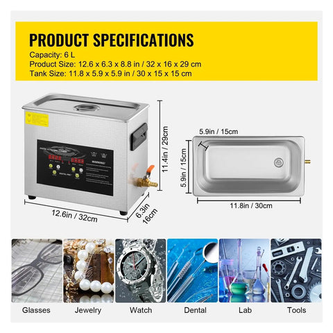 Premium Ultrasonic Cleaner And Compact Dishwasher Deploying 40Khz Cavitation To Strip Stubborn Grease Dirt And Grime From Kitchen Ware Glass And Tools Rapidly No Sweat Scrubbing Required Solid Pick For Busy Families, 6L capacity with stainless steel body and digital controls.