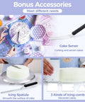 Image showing bonus accessories for Heavy Duty Aluminum Cake Turntable With Anti Slip Surface Ohuhu 12 Inch Rotating Decorating Stand For Even Icing With Included Spatulas And Comb Smoothers Ideal Gift For Bakers, including cake server, icing spatula, and combs.