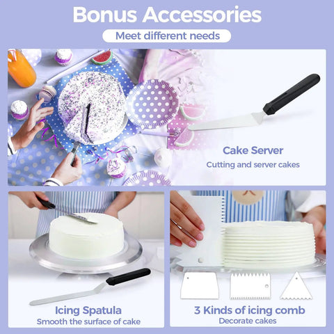 Image showing bonus accessories for Heavy Duty Aluminum Cake Turntable With Anti Slip Surface Ohuhu 12 Inch Rotating Decorating Stand For Even Icing With Included Spatulas And Comb Smoothers Ideal Gift For Bakers, including cake server, icing spatula, and combs.