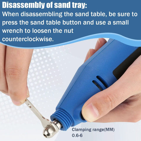 Disassembling sand tray with blue handheld tool and wrench for Heavy Duty Tungsten Sharpener Grinder For TIG Welding With A Straight Shooting Four Angle Rotary System And Dead On Precision Flat Grinding Block Featuring Nine Double Sided Diamond Wheels Plus Cnc Mandrels And Snappy Fit.