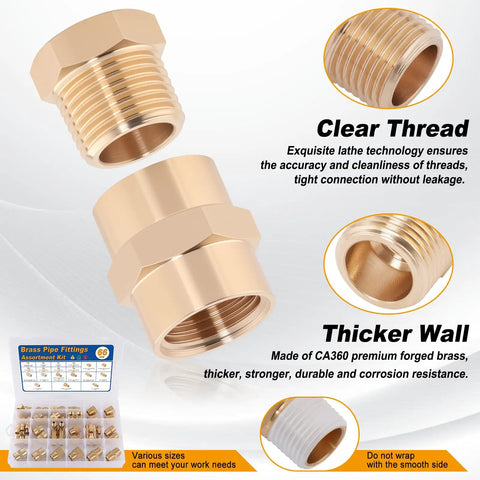 All-In-One 66 Piece Brass Pipe Fittings Kit With NPT Adapters Reducers shown with clear threads and thicker walls.