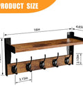Top Tier Wall Mounted Wood Coat Rack With Five Heavy Duty Metal Hooks And Rustic Brown Shelf, 16in x 7.28in dimensions.