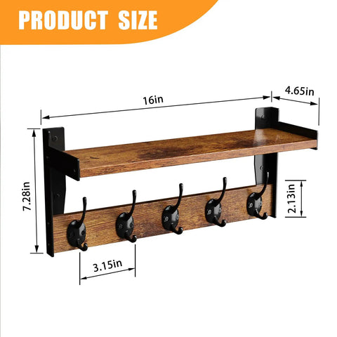 Top Tier Wall Mounted Wood Coat Rack With Five Heavy Duty Metal Hooks And Rustic Brown Shelf, 16in x 7.28in dimensions.