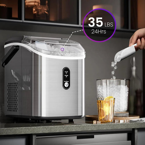 Chewable Nugget Ice Maker Countertop 35 Lbs Per Day Portable Sonic Ice Machine with self cleaning next to glass