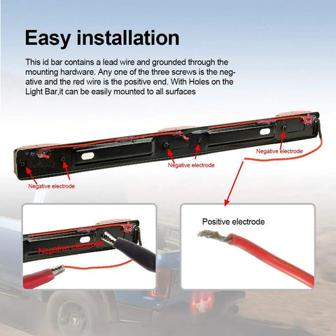 Beefy 12V LED Truck Trailer Light Kit showing installation guide for 14.17 inch red 9 LED stainless steel ID bar with electrodes.