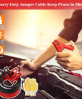 Person using jumper cables from Roadside Emergency Kit For Cars And Trucks With Air Compressor, Jumper Cables, First Aid Kit, Blanket, Shovel, Winter Auto Essentials, Survival Gear For Men And Women, Ready For Any Breakdown Or Road Trip.