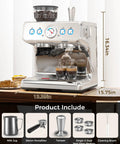 Built Tough 20 Bar Espresso Machine With Burr Grinder And Steam Milk Wand 58 Mm Commercial Stainless Steel Coffee Maker close-up with coffee.