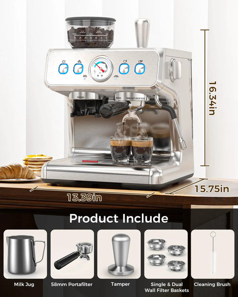 Built Tough 20 Bar Espresso Machine With Burr Grinder And Steam Milk Wand 58 Mm Commercial Stainless Steel Coffee Maker close-up with coffee.