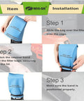 Installation steps for 12 Pack Wet Dry Vacuum Filter Bags Replacement, showing bag placement and securing on vacuum.