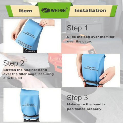 Installation steps for 12 Pack Wet Dry Vacuum Filter Bags Replacement, showing bag placement and securing on vacuum.