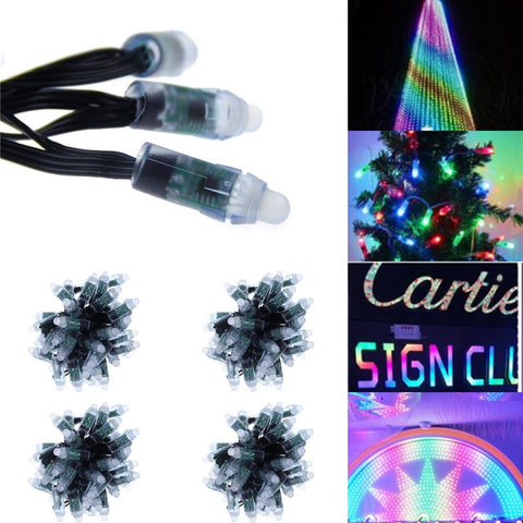 Lit 500 Pack WS2811 LED Pixel String Lights, 12mm Round, Waterproof IP68, 12V, multi-color display examples and close-ups