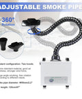 Solder Fume Extractor With 100W Motor, 200m3/h Suction, low noise unit showing adjustable 1.2m hose and two hood attachments