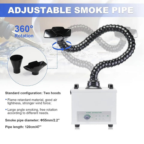 Adjustable smoke pipe for Heavy Duty Laser And Solder Fume Extractor Featuring A Badass 100W Brushless Motor delivering effective airflow.