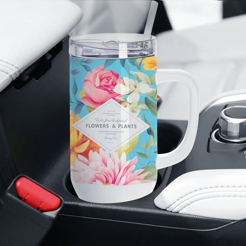 8 Pack 40 Oz Sublimation Tumbler With Handle Straw And Lid White Double Wall Stainless Steel Cups for Heat Press and Sublimation Oven Printing, Leakproof Design, Great For Custom Designs showing floral print and straw in car cup holder