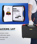 High Precision Silk Screen Printing Tension Meter And Force Tester For Silk Print Projects Pro Grade Build With Quick Readouts In Newtons From 7 To 36N And Shock Absorber To Minimize Vibration And Deliver Real World Accurate Tension Measurement. open case with meter, calibration glass, manual, and storage case