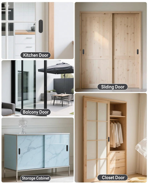 Installation examples of 2 Pack Self Stick Door Handles 4 Inch Aluminum Alloy Flat Finger Pulls on various doors and cabinets.