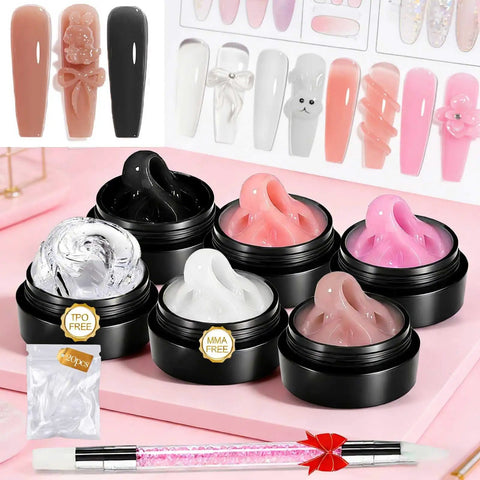 3D Gel For Nail Art Builder Kit All In One Nail Extension Gel Set with 6 color jars, silicone pen, and nail forms displayed.