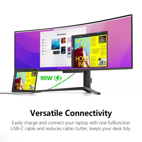 49 Inch OLED Ultrawide Curved Monitor With 5120x1440 Resolution And 144Hz Refresh, 90W USB C connected to a laptop