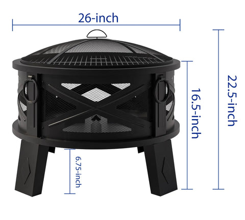 Heavy Duty Portable 26 Inch Steel Fire Pit With Grill Grate And Spark Screen, 360 Degree Airflow Boost For Less Smoke And Bigger Flames