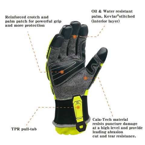 Rugged Extrication Gloves With Ultra Dexterity For Rescue Jobs, Grip-Ready Protection, EN 388 3X44EP, Hi-Vis Green Back, Size XL