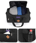 Under Seat Personal Item Duffle Bag 17 By 10 By 9 Inches That Fits United Spirit JetBlue Frontier American And Most Airlines Easy Under Seat Carry On Save On Fees And Travel Light With This Spacious Durable Duffle showing open top with clothes, side pocket with tablet, and mesh pocket with bottle