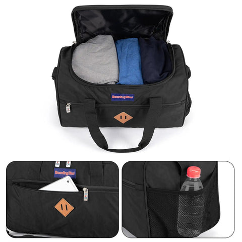 Under Seat Personal Item Duffle Bag 17 By 10 By 9 Inches That Fits United Spirit JetBlue Frontier American And Most Airlines Easy Under Seat Carry On Save On Fees And Travel Light With This Spacious Durable Duffle showing open top with clothes, side pocket with tablet, and mesh pocket with bottle