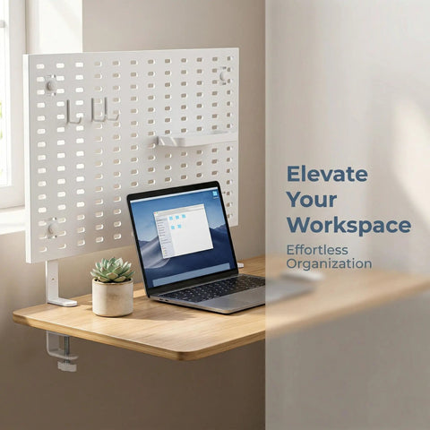 Two Pack White Iron Adjustable Table Rod Stands with Clamps and Pegboard Support Brackets for desk mounting and organization