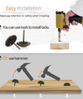 Installation instructions for 100 Pcs Antique Brass Upholstery Tacks using a tool and hammer on wood.
