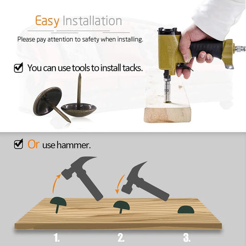 Installation instructions for 100 Pcs Antique Brass Upholstery Tacks using a tool and hammer on wood.
