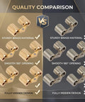 Quality comparison of Ten Pack Brass Hidden Cabinet Hinges M8x18mm with concealed cylinders versus non-brass hinges.