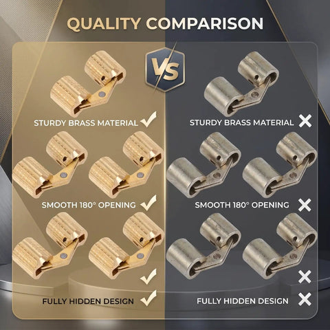 Quality comparison of Ten Pack Brass Hidden Cabinet Hinges M8x18mm with concealed cylinders versus non-brass hinges.