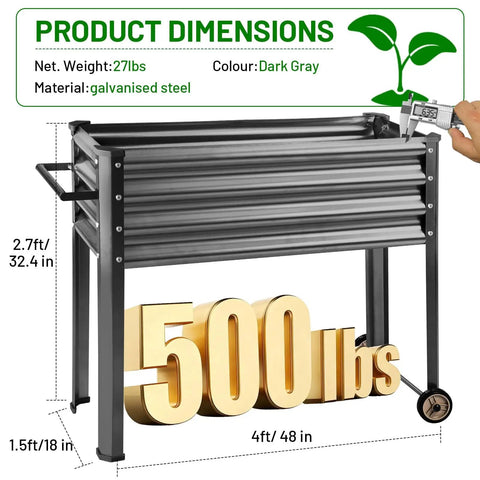 Heavy Duty Galvanized Raised Garden Bed With Legs And Wheels, 500Lb Capacity, Dark Grey, metal planter box dimensions display