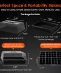 Diagram of Three Pack Seed Starter Trays with Five Inch Humidity Domes, 144 Cells Total, dimensions, and capacity details.