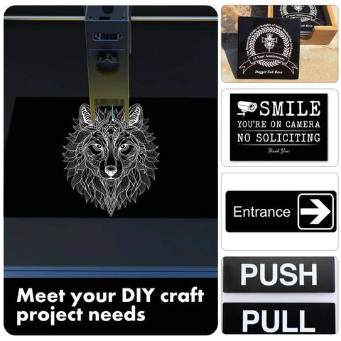 Bocolon 5-pack black/white ABS laser-engraving sheets, 11.73 x 11.73 in, wolf design on sheet.