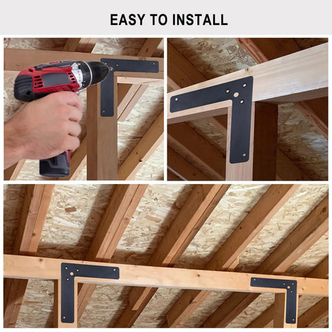 Installation of 10 Pack Black L Shape Corner Brackets 150x150 mm Mending Plates Heavy Duty Decorative Steel 90 Degree Angle Brackets.