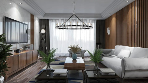 Black Wagon Wheel Chandelier With 20 Lights Modern Farmhouse Pendant Light 60 Inch installed in a stylish living room