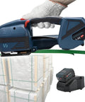 Hassle-Free Heavy Duty Handheld Electric Strapping Baler For Warehouse Logistics Teams With Digital Tension Adjustments And Quick Friction Welding Automatic Strap Sealer Tool in use on stacked packages.