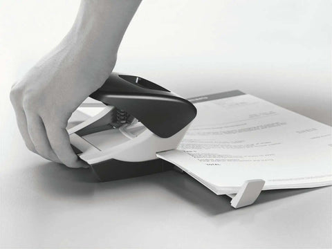 Using Two Hole Punch for 30 Sheets, Metal Office Workhorse With Guide Bar and Format Markings, Black NeXXt Range in action