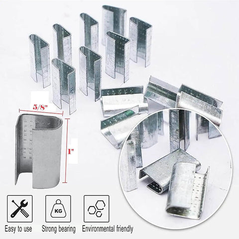 Heavy Duty Pallet Strapping Kit With Poly Strapping Tensioner, 100 metal seals shown up close, including size details