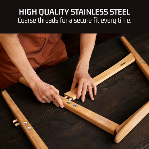 Person assembling wood frame with Three Eighth Inch 16 T Nuts Pack Of 100 Zinc Plated Steel Tee Nuts With Seven Sixteenth Inch Barrel Length for secure fit