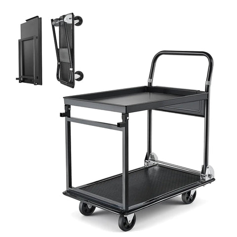 Heavy Duty 2 Tier Foldable Platform Hand Truck With 700 Lb Capacity For Warehouse Garage Workshop Or Office Use, High Strength Steel Frame, Rugged Yet Portable Workhorse Utility Cart