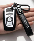 Legit Faith Driven Christian Cross Leather Keychain For Men, Heavy Duty Faux Leather Key Ring in hand with car key.