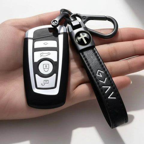 Legit Faith Driven Christian Cross Leather Keychain For Men, Heavy Duty Faux Leather Key Ring in hand with car key.
