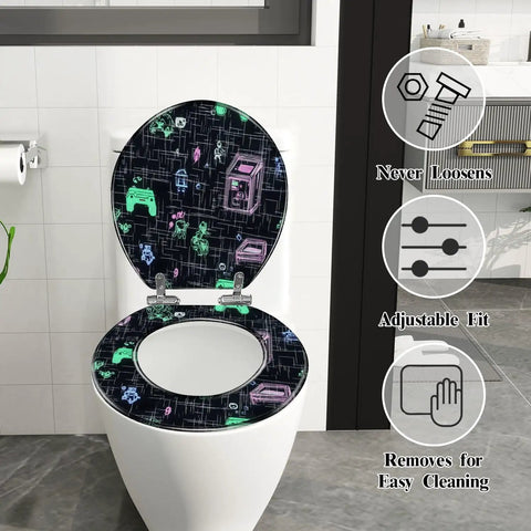 Toilet Seat with Lid, Bathroom in colorful gaming design, adjustable fit, removable for easy cleaning