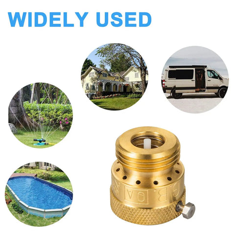 Two Pack Brass Vacuum Breaker Set With Three Quarter Inch Anti Siphon Hose Bib Valves For Garden Spigot And RV Hose Connection Backflow Preventers Includes Tape And Extra Black Silicone Washers Easy Install in use with scenes of home, RV, pool, and garden.