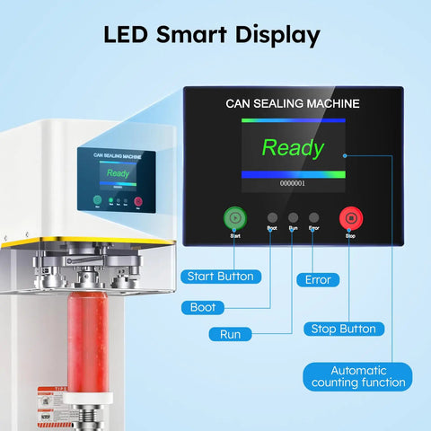 Close-up of No Sweat Heavy Duty Commercial Can Sealer Machine LED smart display showing controls and automatic functions.